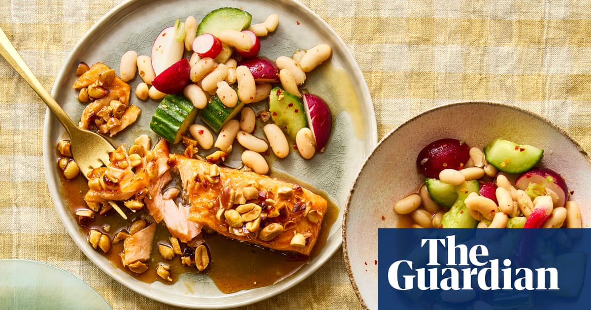 Rukmini Iyer's quick and easy recipe for soy and peanut trout with smashed cucumber, radishes and beans | Quick and easy