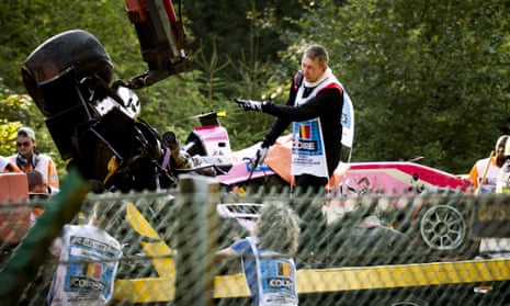 Antoine Hubert’s BWT Arden car is removed from the Spa-Francorchamps track after his collision with Juan Manuel Correa