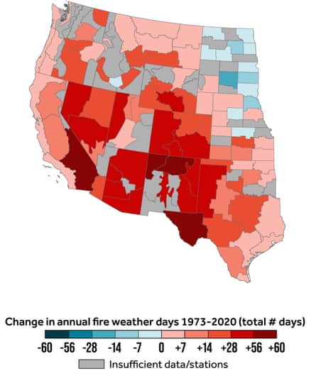 map showing change in annual fire weather days by total number of days