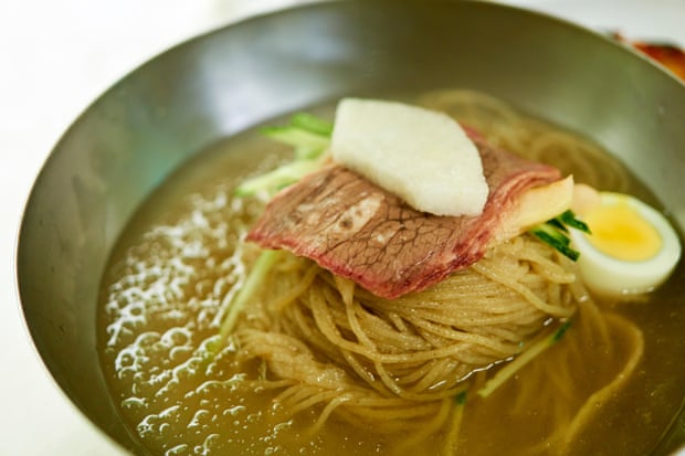 Naengmyeon, a Korean dish, is a cold noodle soup.
