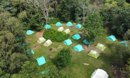 An aerial view of the green tents, surrounded by trees, at Tyrell Tented Village.
