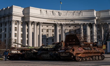 Destroyed Russian military equipment is displayed in Kyiv’s Mykhailivska Square