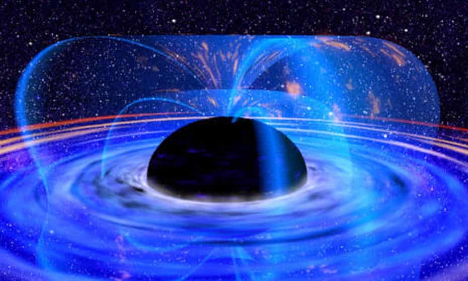 Graphic showing a satellite observing a supermassive black hole in the core of a galaxy