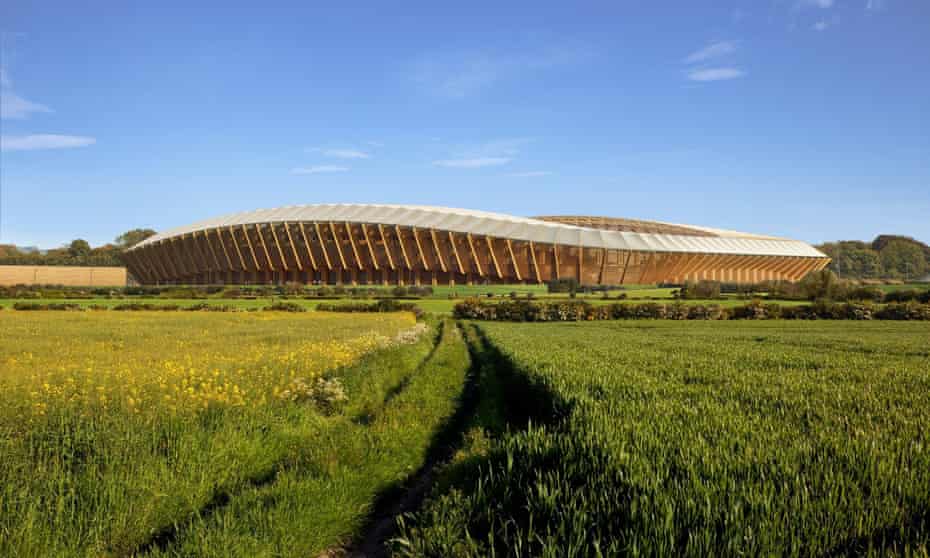 A computer-generated image of the new stadium for English League Two club Forest Green Rovers, designed by Zaha Hadid Architects and to be made entirely out of wood.