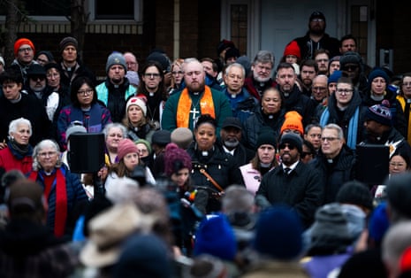 Clergy members gather for a press conference at a memorial for Renee Nicole Good on January 08, 2026 in Minneapolis, Minnesota. According to federal officials, an ICE agent shot and killed Good during a confrontation yesterday in south Minneapolis. (Photo by Stephen Maturen/Getty Images)