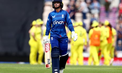 Australia retain Ashes as England fall short in record run chase in second ODI – live reaction | Women's Ashes 2 Danielle Wyatt of England leaves the field after being caught out by Annabel Sutherland of Australia.