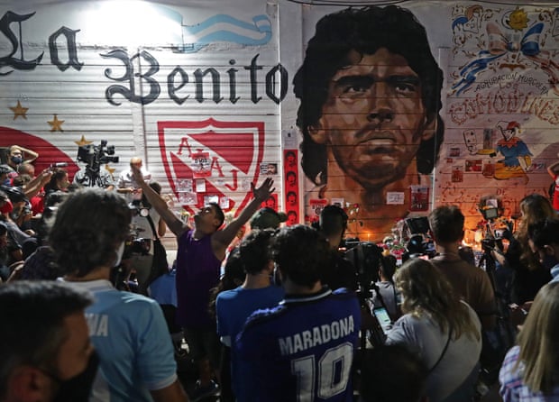 An improvised altar set up by fans of Argentinos Juniors, where Diego Maradona used to play, in La Paternal neighbourhood, Buenos Aires, on the day of his death.