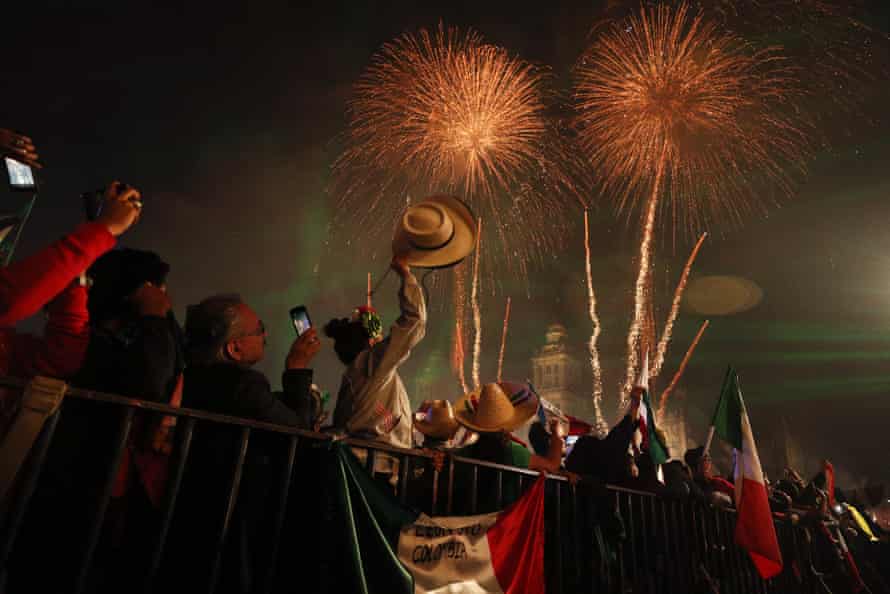 Fireworks explode over the Metropolitan Cathedral in Mexico City on Independence Day, 15 September