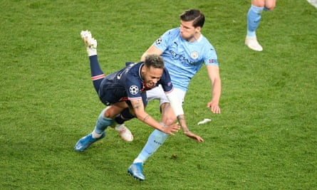 Neymar feels the force of a Rúben Dias challenge during Manchester City’s Champions League semi-final against Paris Saint-Germain.