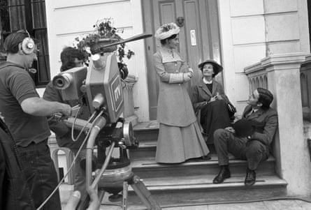 Nicola Pagett, Marsh and John Alderton filming an episode of Upstairs, Downstairs in 1972.