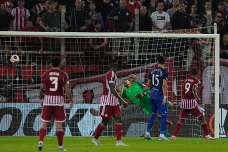West Ham's goalkeeper Alphonse Areola fails to save a shot by Olympiacos' Rodinei.