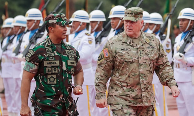 The top US military leader, Gen Mark Milley, right, with Indonesia's military chief, Andika Perkasa, in Jakarta