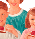 smiling children and their mother in a 1950s style illustration