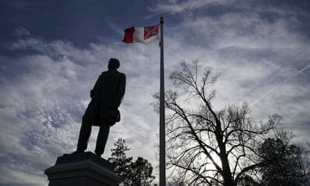 A Confederate flag flies near the gravesite of Jefferson Davis, former president of the Confederate States of America, at Hollywood Cemetery, in Richmond, Virginia.