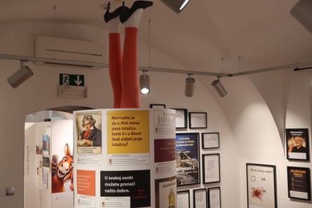 Displays and inverted mannequin at the museum.