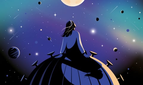 illustration: a female figure sitting atop a miniature planet gazing up at a purpley-blue night sky full of stars and planets. The planet she is sitting on resembles a covid virus