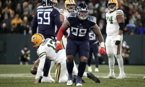 Tennessee Titans defensive tackle Jeffery Simmons celebrates after sacking Green Bay Packers quarterback Aaron Rodgers