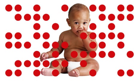 Composite of sitting baby wearing nappy, against white background and surrounded by red dots