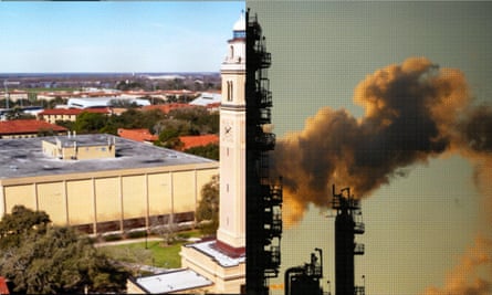 A split picture showing Louisiana State University’s Institute for Energy Innovation next to a smoking chimney