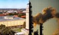 composite image of a university campus with a tower lined up next to an oil refinery spewing smoke