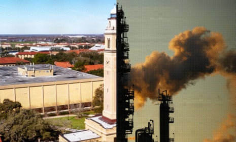 composite image of a university campus with a tower lined up next to an oil refinery spewing smoke