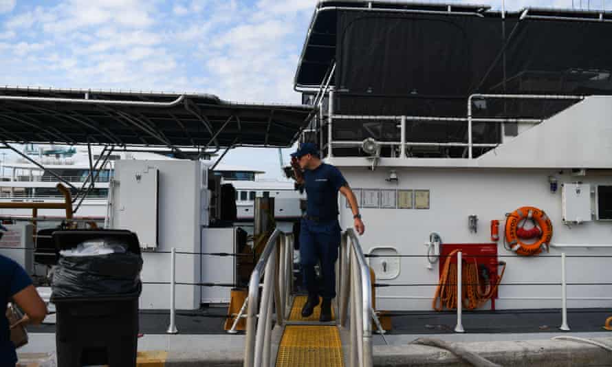 US Coast Guard personnel work on a cutter in Miami on Wednesday.