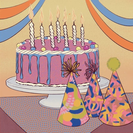 Birthday cake and hats.