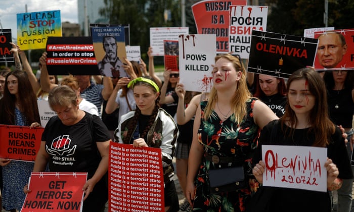 Relatives of defenders of the Azovstal Iron and Steel Works in Mariupol hold a rally outside of Donetsk on 30 July.