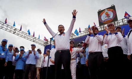 Hun Manet, son of Cambodia’s prime minister Hun Sen, speaks during the final Cambodian People’s Party (CPP) election rally on Friday.