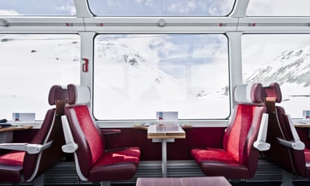 View from the Glacier Express to snow-covered Alps, Switzerland.