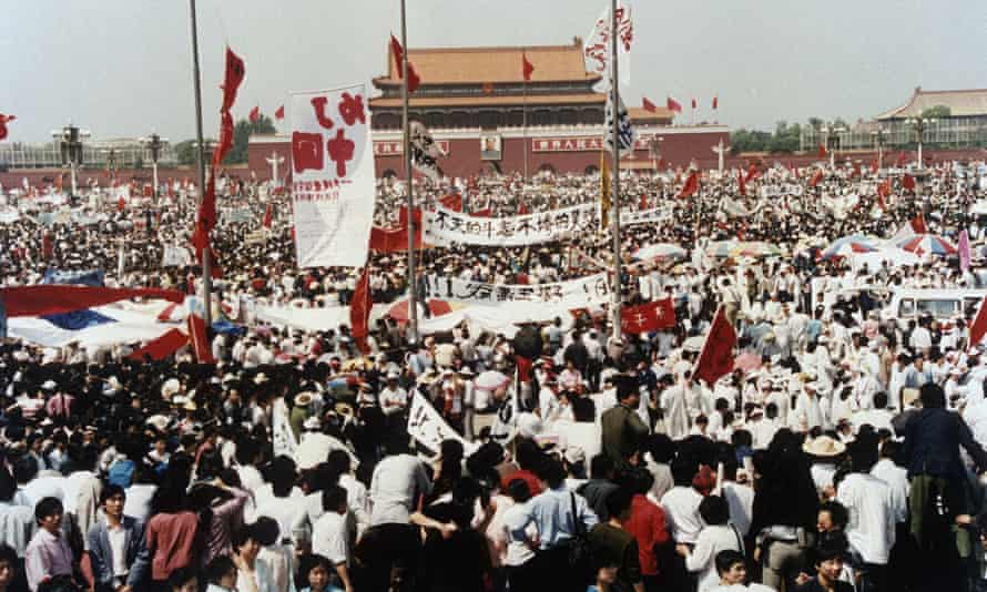Thousands of pro-democracy protesters gather in Tiananmen Square in Beijing in 1989.