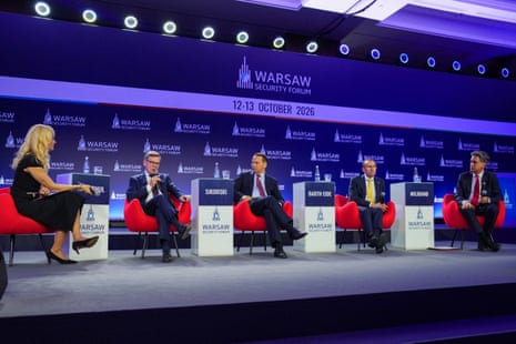 Ed Miliband (right) on a panel at the Warsaw Security Forum with Norway's foreign minister Espen Barth Eide, Poland's foreign minister Radoslaw Sikorski and Germany's foreign minister Johann Wadephul, Katarzyna Pisarska (right) moderating.