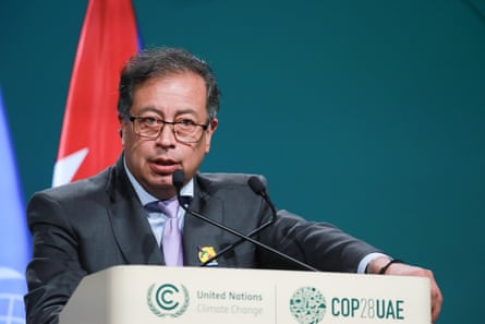 Colombia’s president, Gustavo Petro, standing at a lectern at Cop28