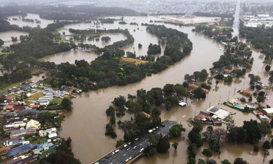 Aerial image of flooding in western Sydney. Almost 70 evacuation orders were active on Monday morning across New South Wales as extreme weather lashed the state.