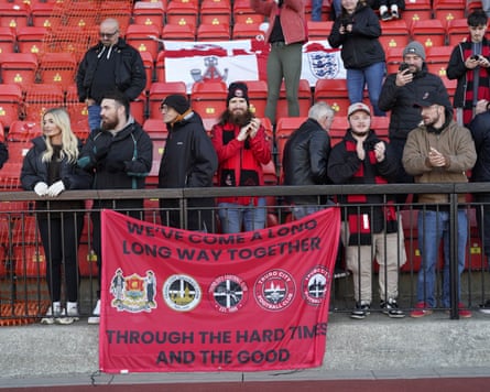 Truro City fans after the National League match between Gateshead and Truro City at Gateshead International Stadium