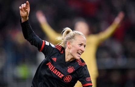 Lea Schüller celebrates after scoring against Barcelona at the Allianz Arena in the Women’s Champions League