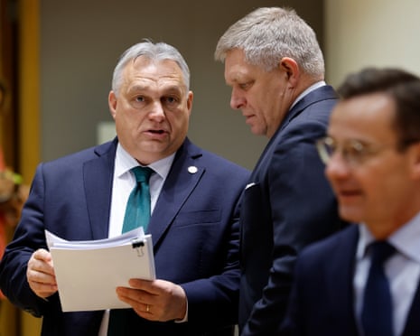 Slovakia’s prime minister Robert Fico, right, talks to Hungary’s prime minister Viktor Orbán during a round table meeting at an EU summit in Brussels, Belgium, last year.