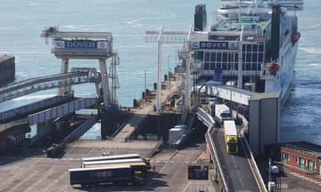 Lorries disembark a ferry at Dover in April 2024