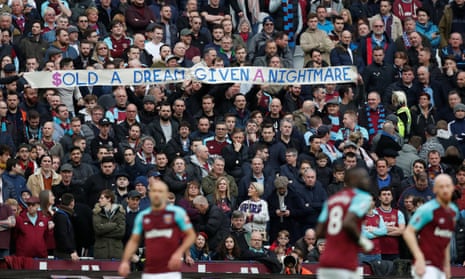 West Ham fans protest against the board during Saturday’s defeat by Burnley.