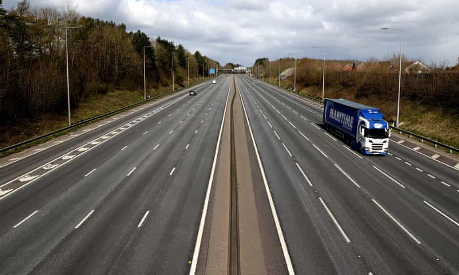 A nearly empty stretch of the M1 motorway near to Nottingham as the UK continues in lockdown to help curb the spread of coronavirus