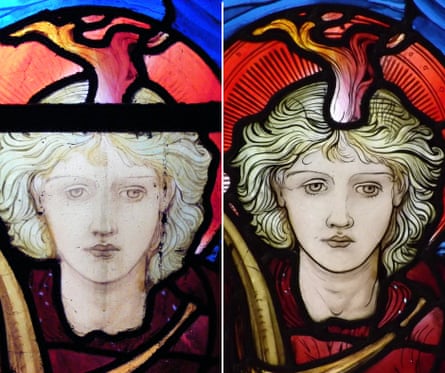 Close-up of before and after details of a praising angel.