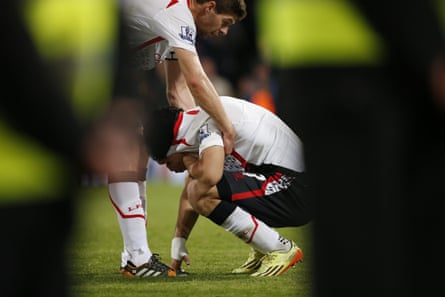 Suárez in tears as Steven Gerrard comforts him after the final whistle of Liverpool’s 3-3 draw at Crystal Palace in May 2014.