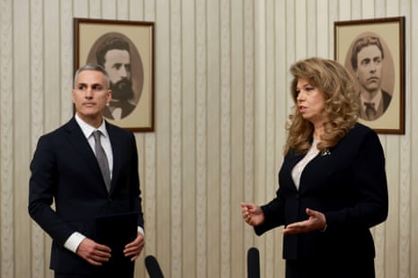 Bulgarian president Iliana Yotova, right, appoints Andrey Gyurov to lead as prime minister.