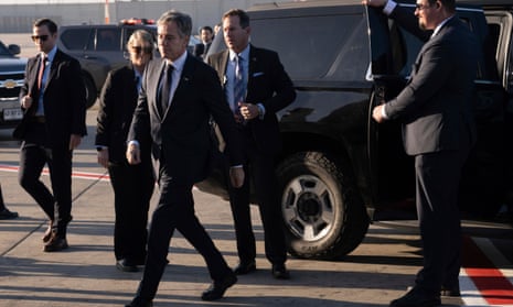 Antony Blinken boards a US military aircraft before departing Ben Gurion Airport in Tel Aviv, Israel, on Friday.