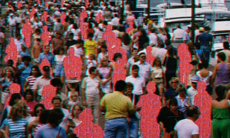 Illustration of a crowd with some individuals within it having turned into a red featureless blur