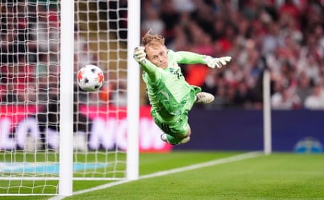 Czechia goalkeeper Lukas Horníček makes a save from Trent Alexander-Arnold's free-kick.
