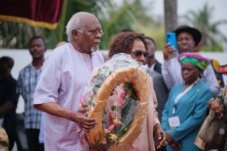 Dr Julius Garvey, son of the Black nationalist Marcus Garvey, lays a wreath to honour victims of the transatlantic slave trade during the Juneteenth celebrations at Osu Castle.
