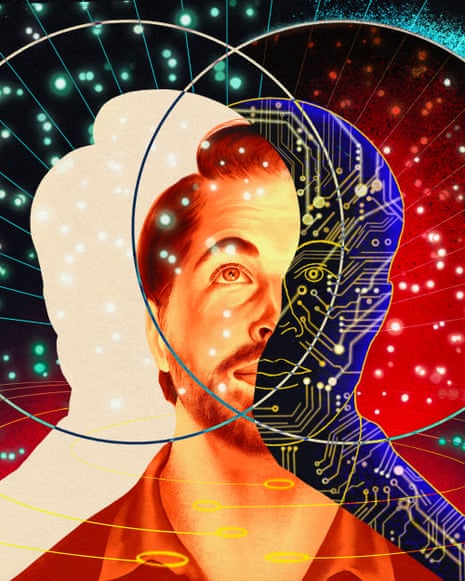 Colourful illustration of Iason Gregory with half his face transformed into computer circuitry.