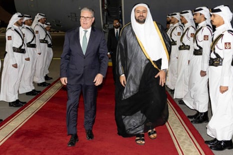 Keir Starmer with Qatar's foreign minister Mohammed bin Abdulaziz bin Saleh al-Khulaifi at Doha international airport after Starmer arrived in Qatar last night.