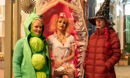 Characters in peas, nurse and witch fancy dress costumes